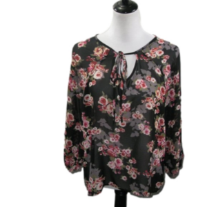 CUPID'S Diary Black/Red Floral Semi-Sheer 3/4 Sleeve Blouse Size Medium
